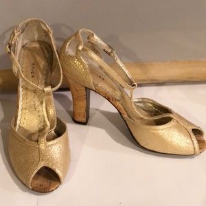Beautiful gold and cork t-strap heels